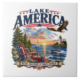 Lake America Sunset Patriotic Eagle Ceramic Tile