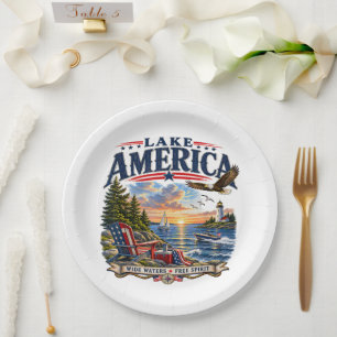 Lake America Sunset Patriotic Eagle Paper Plate