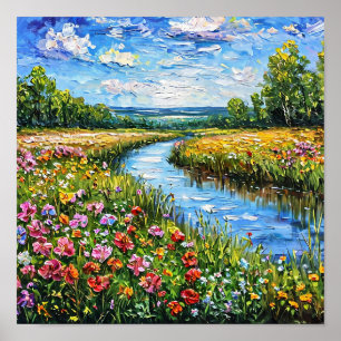 Lake and flowers field Serene Nature Landscape Poster