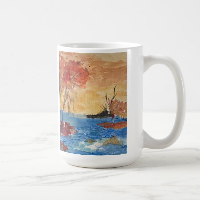  'Lake and Tree in Yellow'  Acrylic Art on Canvas  Coffee Mug (Right)