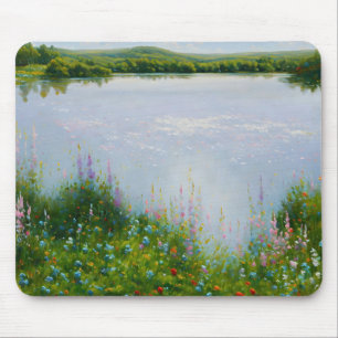 Lake and Wildflowers Whimsical Art Mouse Pad
