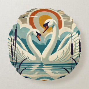 Lake Balaton  with swans  - retro style     Round Cushion