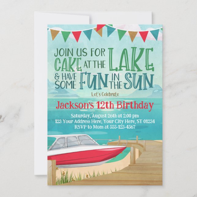 Lake Birthday Invitation Speed Boat Lake Fishing (Front)