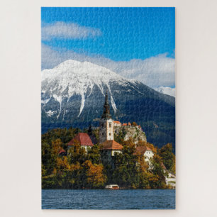 Lake Bled landscape with church and autumn trees Jigsaw Puzzle
