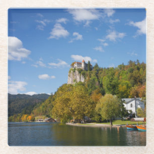 Lake Bled with trees in autumn colours in Slovenia Glass Coaster