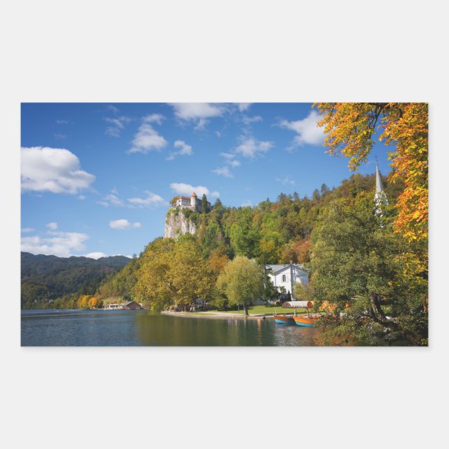 Lake Bled with trees in autumn colours in Slovenia Rectangular Sticker (Front)