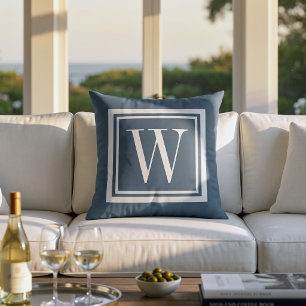 Lake Blue and White Classic Square Monogram Cushion