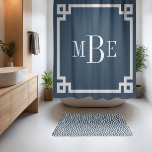 Lake Blue and White Greek Key Monogrammed Shower Curtain