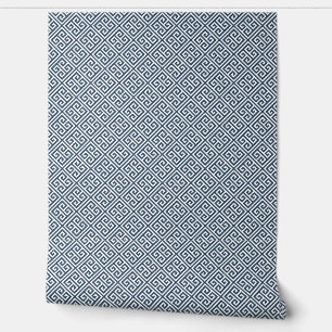 Lake Blue and White Greek Key Pattern Wallpaper