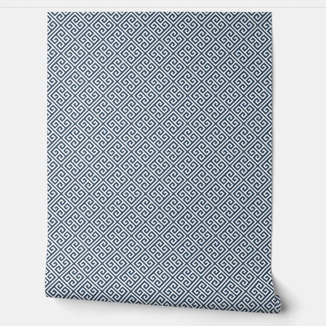 Lake Blue and White Greek Key Pattern Wallpaper (Unrolling)