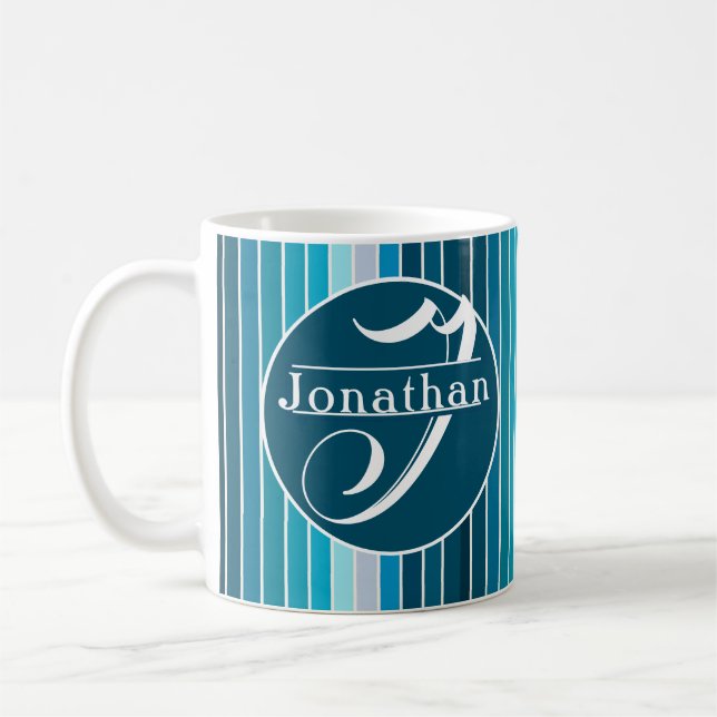 Lake Blue Stripes Navy, Sky Blue, Aqua Monogrammed Coffee Mug (Left)