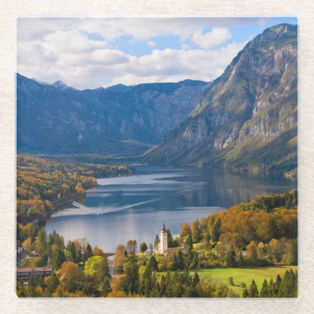 Lake Bohinj in Slovenia in autumn Glass Coaster (Front)