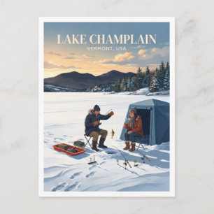 Lake Champlain Ice Fishing, Vermont Colchester Postcard
