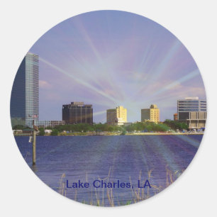 Lake Charles, LA Skyline with Sunburst Classic Round Sticker