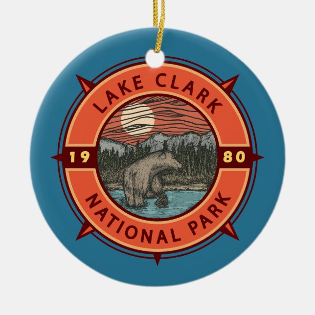 Lake Clark National Park Brown Bear Retro Compass Ceramic Ornament (Front)