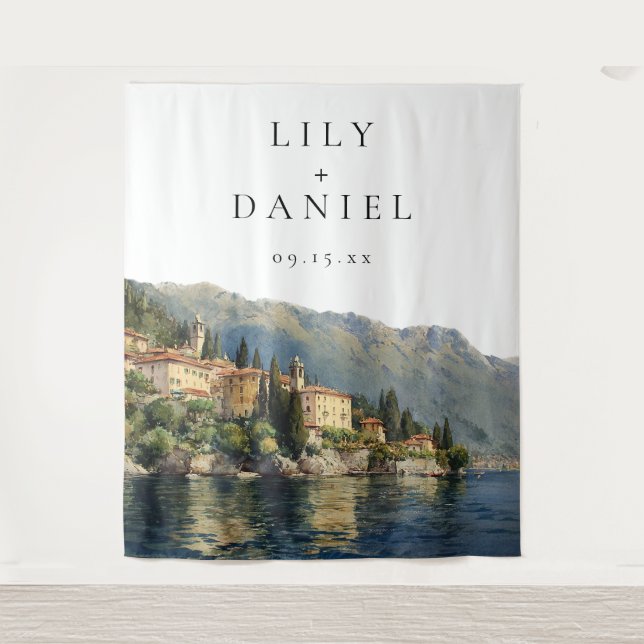 Lake Como Italian Wedding Photo Backdrop Tapestry (Front)