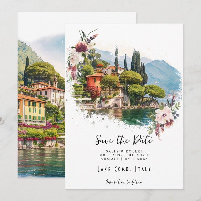 Lake Como Italy floral save the date card (Front/Back)