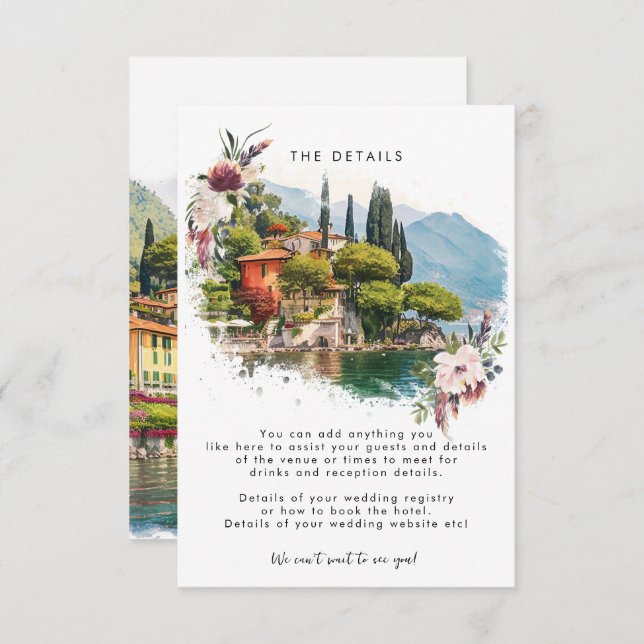 Lake Como Italy summer wedding information card (Front/Back)