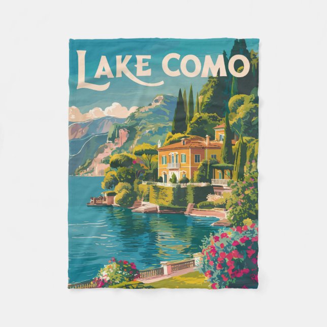 Lake Como Painterly Travel Art Vintage Fleece Blanket (Front)