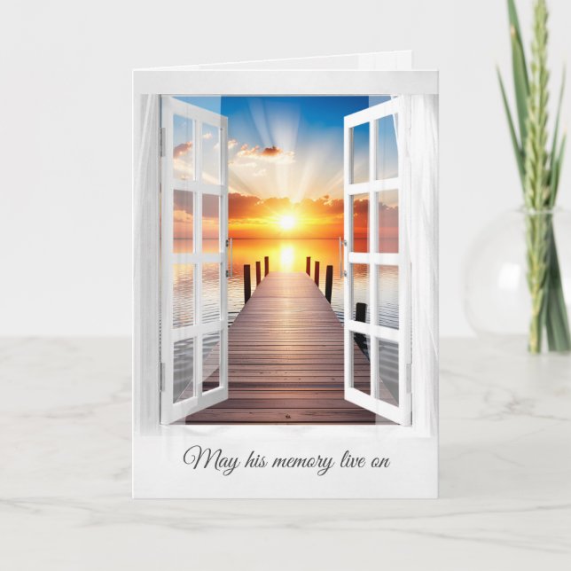 Lake Dock Sunrise In Window Sympathy Card (Front)
