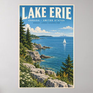 Lake Erie Illustration Travel Art Vintage Poster