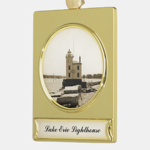 Lake Erie Lighthouse Gold Plated Banner Ornament