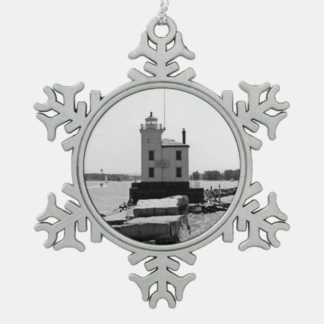 Lake Erie Lighthouse Snowflake Pewter Christmas Ornament (Front)