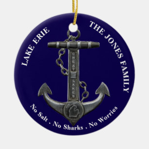 Lake ERIE Patriotic distressed anchor nautical Ceramic Ornament