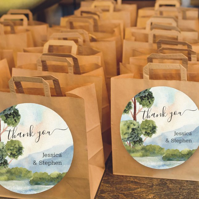 Lake Evergreen Destination Wedding Thank You Classic Round Sticker (Creator Uploaded)