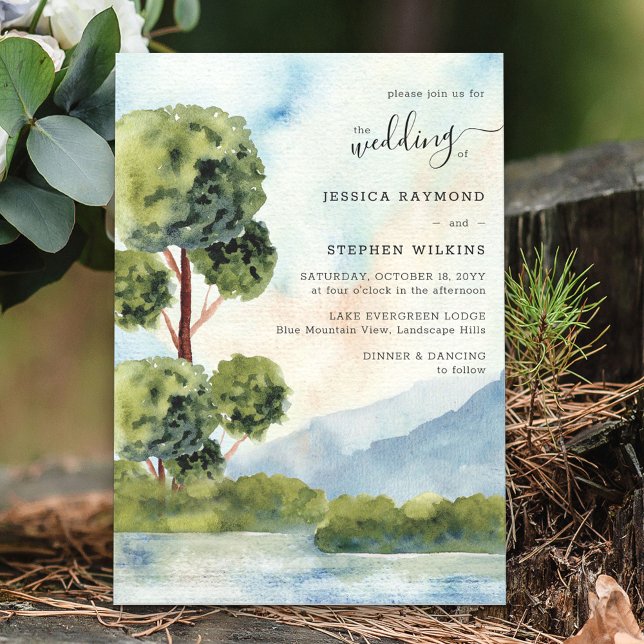 Lake Evergreen Watercolor Dusty Blue Wedding Invitation (Creator Uploaded)