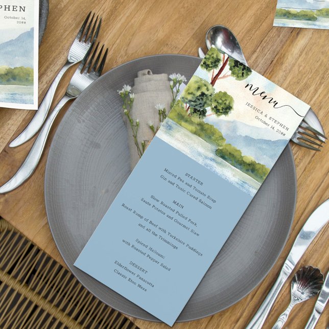Lake Evergreen Watercolor Dusty Rose Wedding Menu (Creator Uploaded)