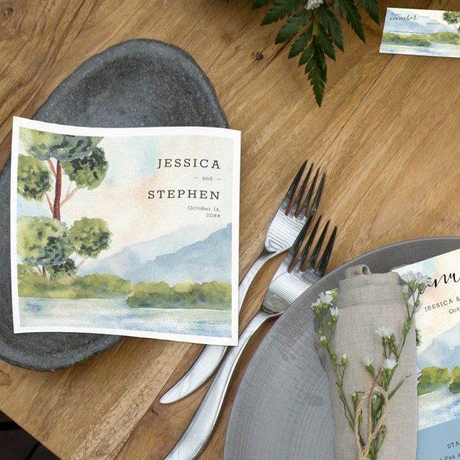 Lake Evergreen Watercolor Personalised Wedding Napkin (Creator Uploaded)