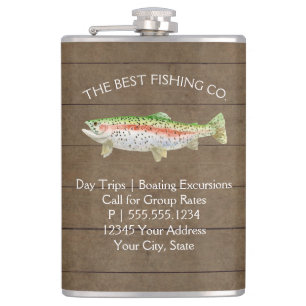 Lake Fishing Business Rainbow Trout Rustic Wood Hip Flask