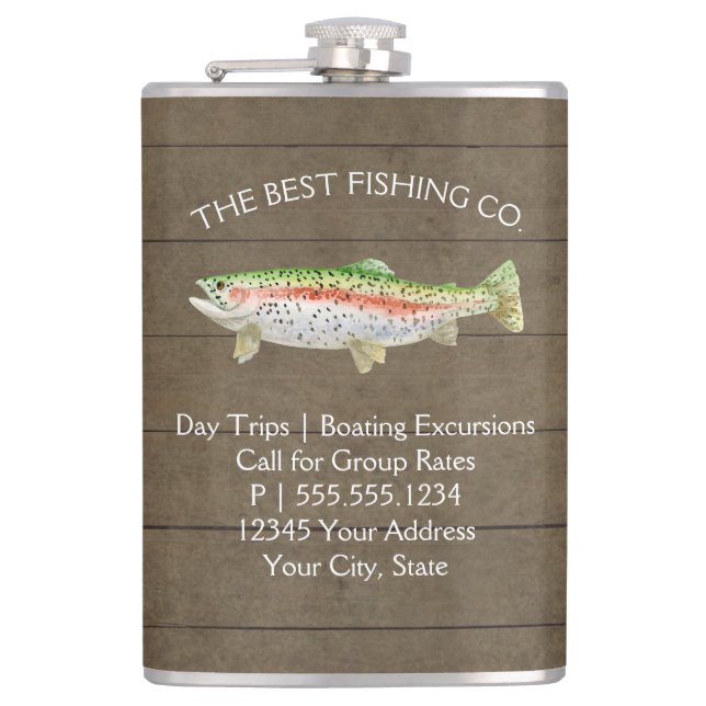 Lake Fishing Business Rainbow Trout Rustic Wood Hip Flask (Front)