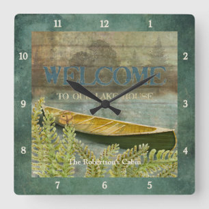 Lake Fishing, Fisherman Trees Canoe Ferns Cabin Square Wall Clock