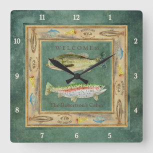Lake Fishing, Large Mouth Bass Rainbow Trout Cabin Square Wall Clock