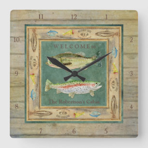 Lake Fishing, Large Mouth Bass, Rainbow Trout Mens Square Wall Clock
