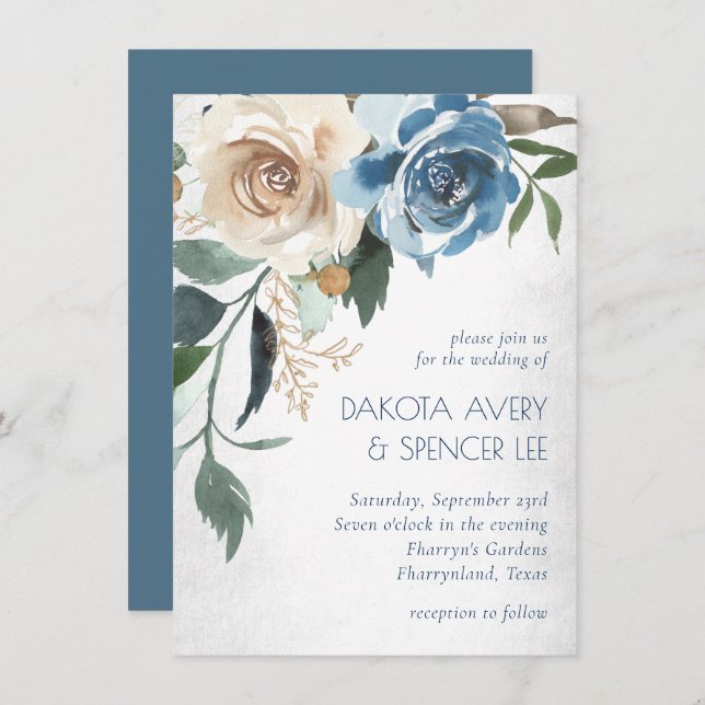 Lake Floral | Dusty Blue Denim Cream Wedding Invitation (Front/Back)