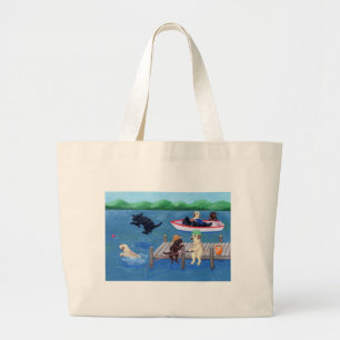 Lake Fun Labradors Painting Large Tote Bag