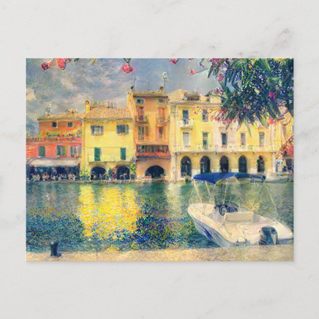 Lake Garda Boat Dock Painting Postcard (Front)