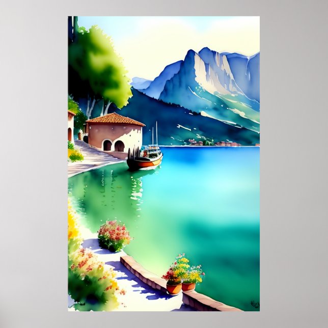 Lake Garda (Lago di Garda) Watercolour Painting Poster (Front)