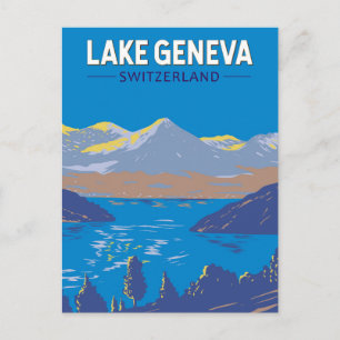 Lake Geneva Switzerland Travel Art Vintage Postcard