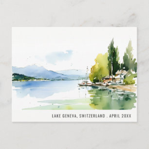 Lake Geneva Switzerland Watercolor Scape Travel Holiday Postcard