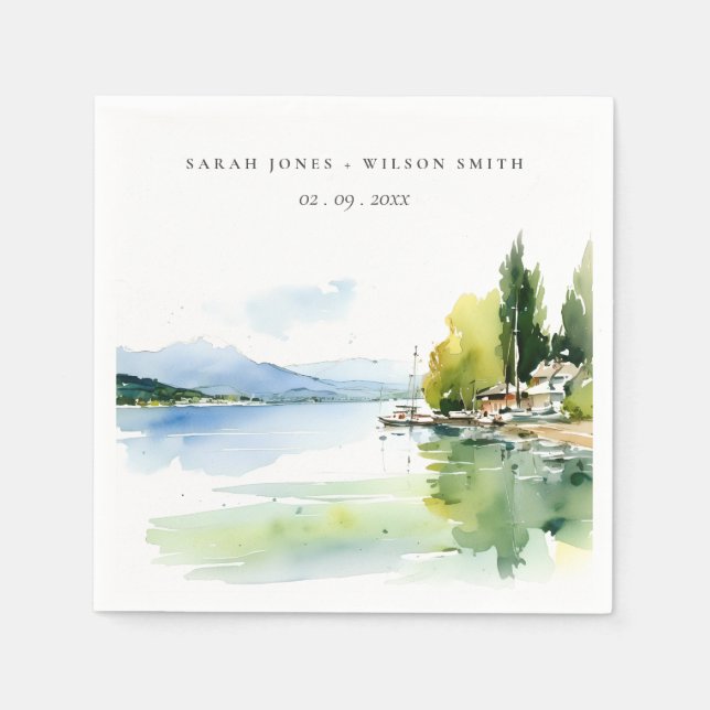 Lake Geneva Switzerland Watercolor Scape Wedding Napkin (Front)