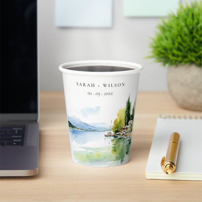 Lake Geneva Switzerland Watercolor Scape Wedding Paper Cups (Insitu)
