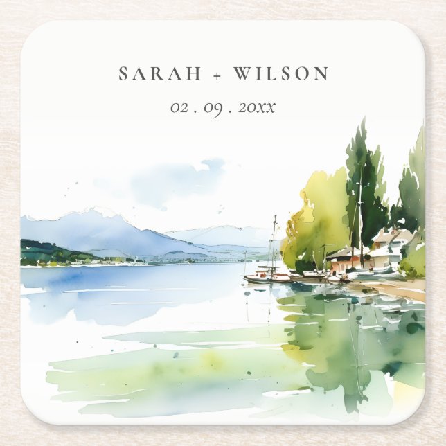 Lake Geneva Switzerland Watercolor Scape Wedding Square Paper Coaster (Front)