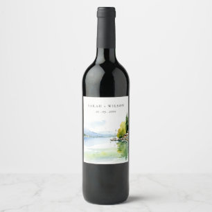 Lake Geneva Switzerland Watercolor Scape Wedding Wine Label