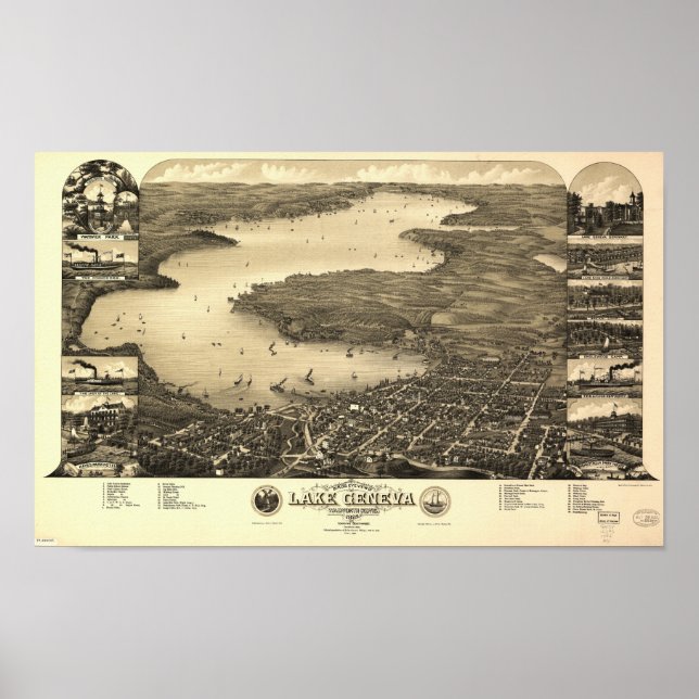 Lake Geneva WI 1882 Antique Panoramic Map Poster (Front)