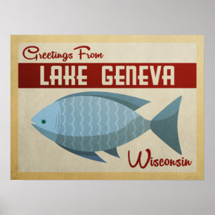 Lake Geneva Wisconsin Blue Fish Vintage Travel Poster