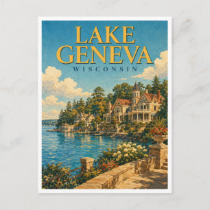 Lake Geneva Wisconsin Lakeside Watercolor GeoSaga Postcard